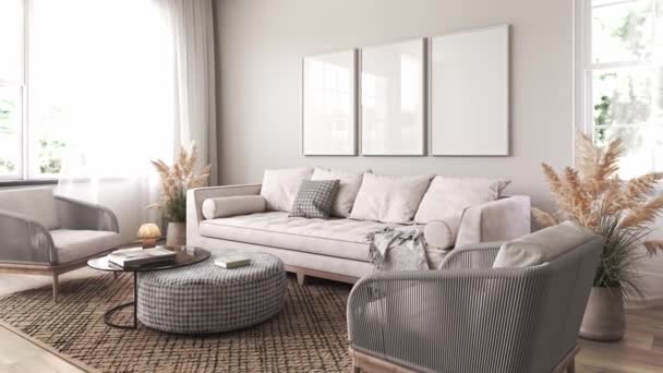 Modern Skandinavia Interior Livingroom Tiga Gambar Dinding Kosong Mockup Ruang — Stok Video