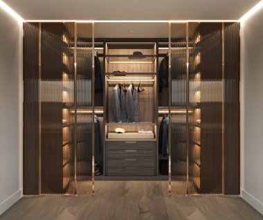 Lüks stüdyo daire tarzı koyu renklerde. Ahşap gardırobu olan modern bir oda. 3D görüntüleme. Yüksek kalite 3d illüstrasyon.