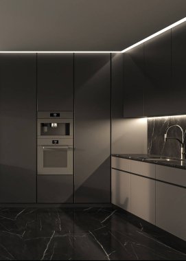 Beyaz tavanlı, mermer döşemeli, modern koyu renk mutfak. Ön manzara. 3D görüntüleme. Yüksek kalite 3d illüstrasyon.