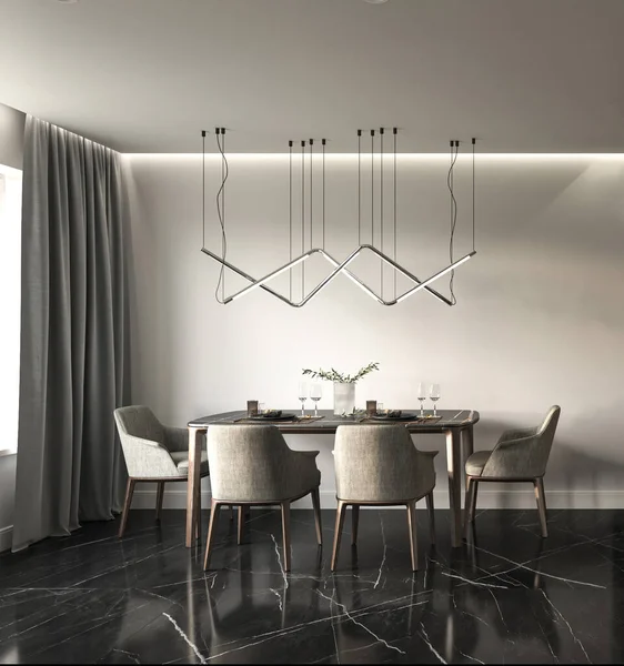 Beyaz Duvarları Mermer Döşemeleri Olan Modern Koyu Renk Mutfak Sandalyeli — Stok fotoğraf
