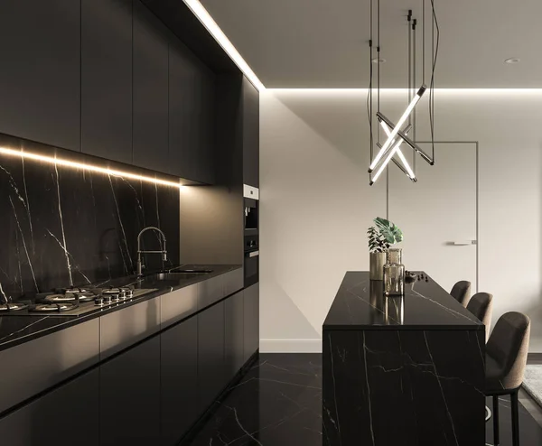 Luxo Moderno Vista Lateral Interior Cozinha Com Cadeiras Bar Utensílios — Fotografia de Stock