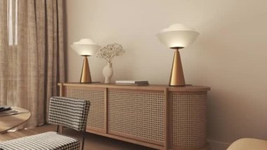 Kurumuş çiçekli ve ev dekorlu tarafsız ahşap oturma odası. Modern iç mimari. 3D tasvir. 3 boyutlu görselleştirme. Yüksek kalite 4k video.