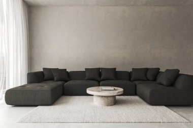 Sıva duvarlı kavramsal iç mekan oturma odası. Yaratıcı kompozisyon koyu renkli kanepe mermer masa renginde. Boş arkaplan oluşturun. 3D görüntüleme. Yüksek kalite 3d illüstrasyon.