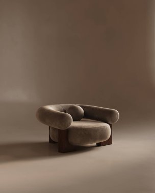 Sıkışmış duvarlı kavramsal iç mekan. Sıcak pastel renkli yaratıcı kompozisyon koltuğu. Model boş arkaplan. 3D görüntüleme. Yüksek kalite 3d illüstrasyon.