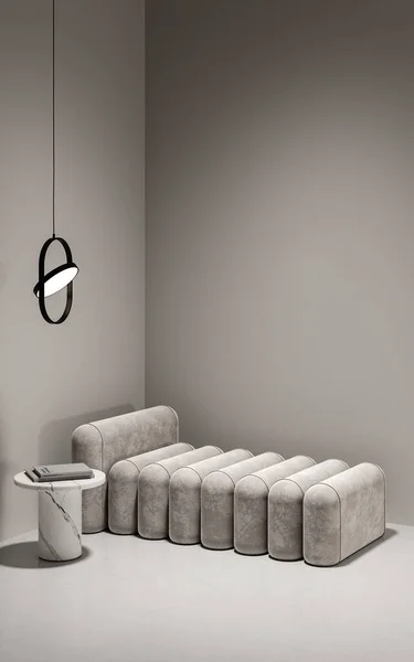 Konzeptioneller Innenraum Mit Grauer Wand Kreative Komposition Bank Mit Lampe — Stockfoto