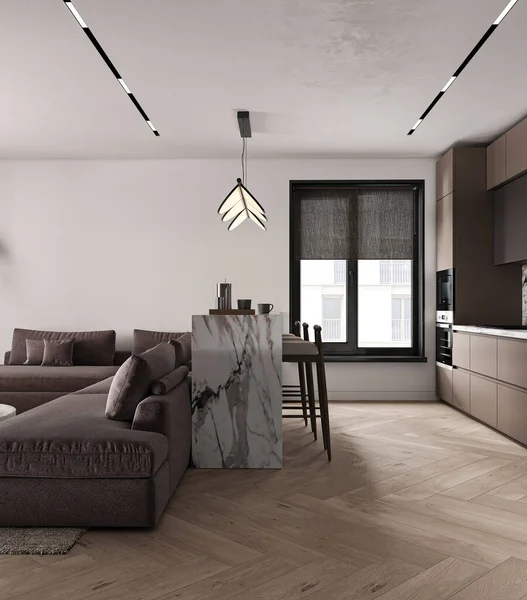 Japandi Modern Minimalis Gaya Ruang Tamu Dengan Desain Interior Dapur — Stok Foto