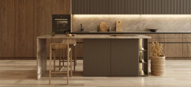 Minimum modern koyu ahşap mutfak. İç dizayn dairesi, İskandinav tarzında. Kahverengi mutfak adası. Yatay panoramik arkaplan. 3d resimleme.