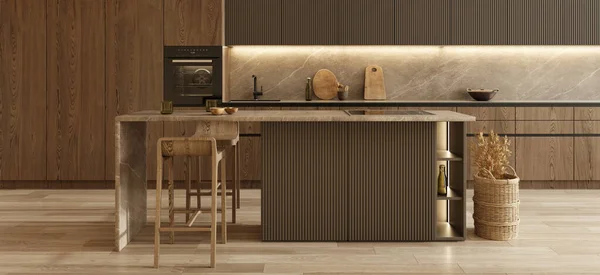 最小的现代黑色木制厨房 室内设计与丑闻风格的公寓 棕色厨房岛 横向横幅全景背景 3D渲染说明 — 图库照片