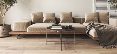 Etnik boho dekorasyonlu bir ev. Kahverengi, sıcak renkli oturma odası. 3D görüntüleme. Yüksek kalite 3d illüstrasyon.