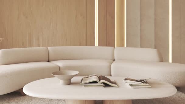 现代别墅居室设计内饰干草 米色家具 桌子和沙发 明亮的墙壁面板与照明 3D渲染说明 3D可视化 优质4K影片 — 图库视频影像
