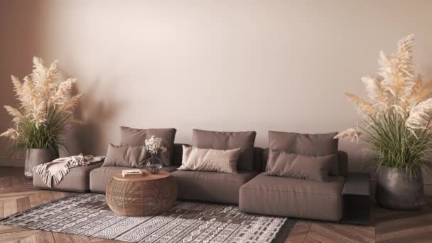 Diseño Interior Color Marrón Con Sofá Hojas Palma Seca Mesa — Vídeos de Stock