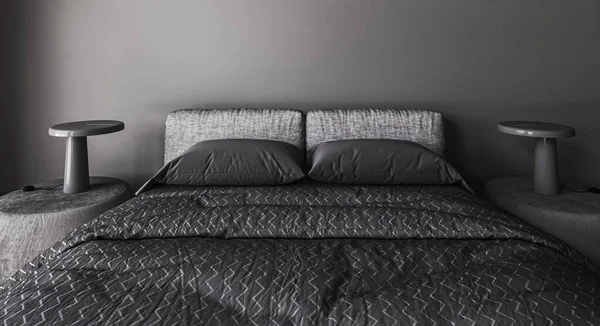 Современный Темный Интерьер Спальни Лампой Столе Кровать Одеялом Подушками Черная — стоковое фото