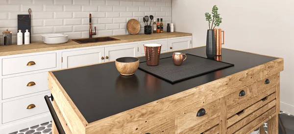白色烹调内部与岛屿和台面 甲板上的餐具柜和厨房用具 现代斯堪的纳维亚风格的厨房 在乡间的地板上有陈腐的地板 3D渲染 高质量3D插图 — 图库照片