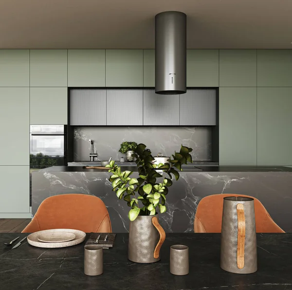 厨房在新的豪华住宅与黑色大理石岛和硬木地板 深绿色的橱柜用餐区 有大型餐桌和装饰餐具 3D渲染特写 高质量3D插图 — 图库照片