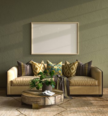 Evin çok renkli iç dekorasyonu yeşil renkli duvar, sarı kanepe, ahşap masa ve oturma odasında dekor. Retro vintage tarzı. 3D görüntüleme. Yüksek kalite 3d illüstrasyon.