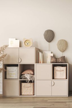 Modern çocuk odasında pembe raflar ve oyuncaklarla dolu boş bir duvar. İskandinav tarzı bir iç modelleme. Çocuklar için rahat bir oda. 3D görüntüleme. Yüksek kalite 3d illüstrasyon.