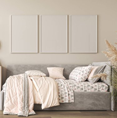 Modern çocuk odasında pembe yataklı boş beyaz duvar. İç mimarisi İskandinav tarzı. Çocuklar için rahat bir oda. 3D görüntüleme. Yüksek kalite 3d illüstrasyon.