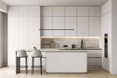 Ahşap zemin, taş ada ve yemek masası olan sandalyeli modern lüks mutfak. Beyaz tezgah ve geniş pencere. 3D görüntüleme. Yüksek kalite 3d illüstrasyon.