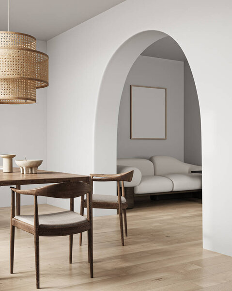 Деревянный бежевый интерьер столовой со столом, лампой и стульями. Минимализм освещает японскую естественную гостиную с диваном и макетирует пустую рамку. 3D рендеринг. Высокое качество 3D иллюстрации.