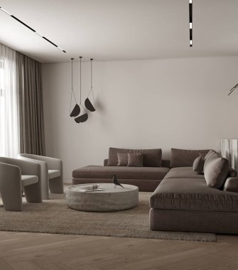Gri klasik minimalizm oturma odası taş masa, lamba, tavan ışıklandırması ve koltuk. Boş duvar arkaplanını taklit et. Modüler büyük kahverengi kanepe. 3D görüntüleme. Yüksek kalite 3d illüstrasyon.