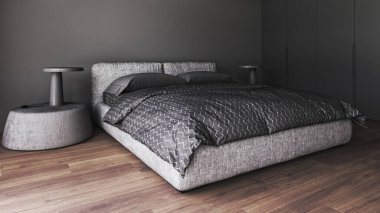 Masasında lamba olan modern, karanlık bir yatak odası. Gri battaniyeli ve yastıklı yatak. Dairede siyah boş bir duvar var. 3D görüntüleme. Yüksek kalite 3d illüstrasyon.