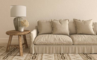 Modern iç planda model poster çerçevesi. Salon İskandinav tarzı. 3D görüntüleme. Basit bir çiftlik evi odası. Yüksek kalite 3d illüstrasyon.