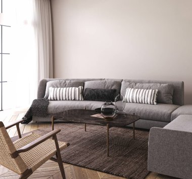 Modern ev içi arka planda, oturma odasında kanepe, masa ve dekor olan poster çerçevesi modeli. 3D görüntüleme. Yüksek kalite 3d illüstrasyon.