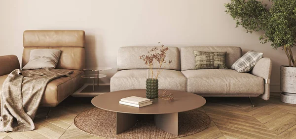 Moderne Wohnzimmereinrichtung Mit Beigen Möbeln Parkettboden Sofa Und Bäumen Horizontale — Stockfoto