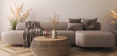 Kaliteli oturma odası iç mimarisi açık renkli. Yatay panoramik arkaplan. Scandi Boho stili tasarla. 3D görüntüleme. Yüksek kalite 3d illüstrasyon.