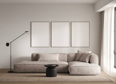 Çağdaş klasik bej iç döşeme, kanepe ve dekor, halı arka planı. Büyük modern Japon lambası ve doğa manzarası. 3D tasvir modeli. Yüksek kalite 3d illüstrasyon.