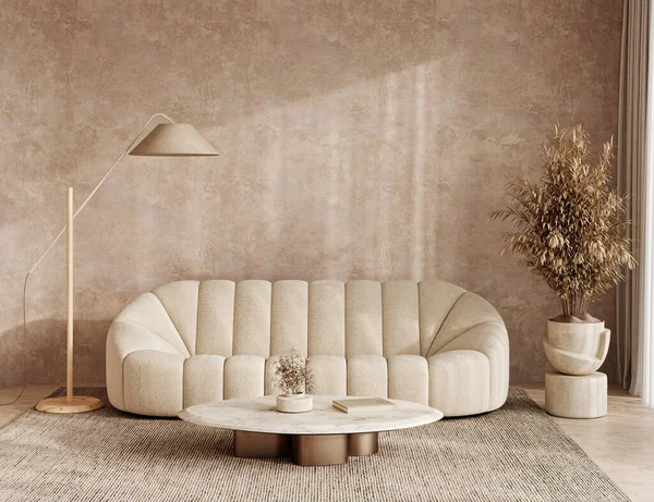 stock image Contemporary classic white beige interior with furniture and decor - carpet background. Large modern japanese lamp and nature view. 3d rendering illustration mockup. High quality 3d illustration.