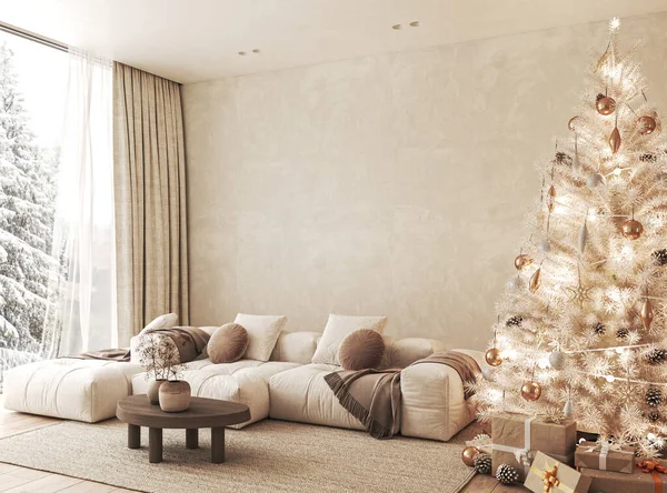 Çağdaş scandi boho beyaz bej oturma odası, kanepe ve dekor, halı arka planı. Büyük modern Japon Noel ağacı ve doğa manzarası. 3D görüntüleme modeli. Yüksek kalite 3d illüstrasyon.
