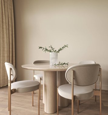 Minimalizm konsepti: Ahşap masa ve modern tasarım koltukları. Bej duvar ve yeşil bitkiler. Uzayı kopyala Şablon. Yüksek kalite 3d görüntüleme.