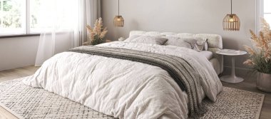 Açık renkli iç mekan, beyaz yataklı bej duvar ve kıyı yatak odasında kuru bitki. Yatay panoramik arkaplan. 3D görüntüleme. Yüksek kalite 3d illüstrasyon.