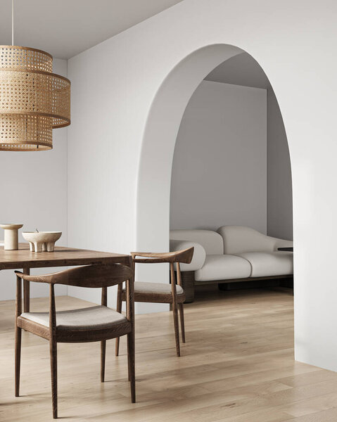 Деревянный бежевый интерьер столовой со столом, лампой и стульями. Минимализм освещает японскую естественную гостиную с диваном и макетирует пустую рамку. 3D рендеринг. Высокое качество 3D иллюстрации.