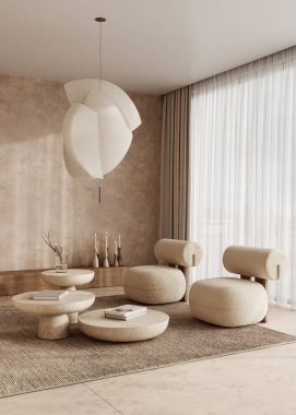 Mobilya ve dekorlu modern beyaz bej iç mimari, halı arka planı. Büyük modern Japon lambası ve doğa manzarası. 3D görüntüleme. Yüksek kalite 3d illüstrasyon.