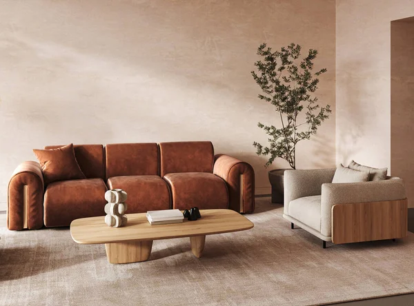 Moderne Klassisch Weiß Beige Wohnzimmer Mit Pflanzen Und Dekor Teppich — Stockfoto