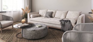 Modern İskandinav aydınlatma salonu. Ahşap zemin, kanepe, koltuk ve kuru bitkilerle dolu beyaz bir oda. Yatay panoramik arkaplan. 3D görüntüleme. Yüksek kalite 3d illüstrasyon.