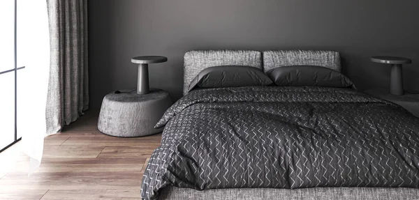 Современный Темный Интерьер Спальни Окном Лампой Столе Кровать Одеялом Подушками — стоковое фото