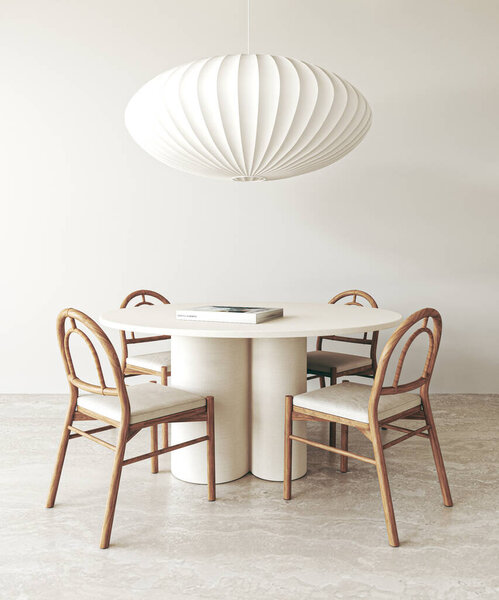 Wooden beige diningroom interior with dining table, book and chairs background. Natural light brown stone floor. 3d rendering. High quality 3d illustration.