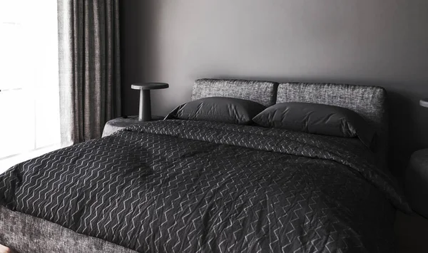 テーブルの上の窓およびランプが付いている現代暗い寝室の内部 灰色の毛布と枕が付いているベッド アパートの黒い壁 3Dレンダリング 高品質の3Dイラスト — ストック写真