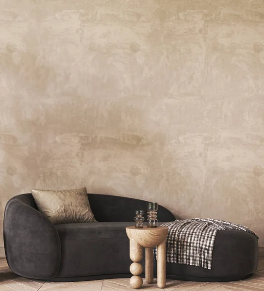 Japandi boho beige interior with lounge sofa and table background. Light modern australian livingroom. 3d rendering mockup. High quality 3d illustration.