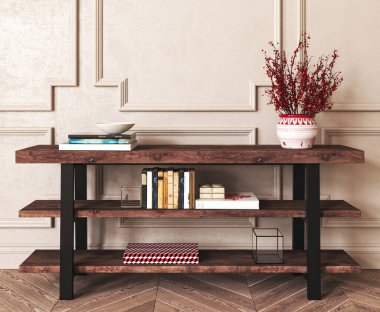 Japandi boho klasik bej iç koridoru ahşap konsol ve kırmızı bitki arka planıyla. Kalıplı, aydınlık, modern Amerikan yaşam odası. 3D görüntüleme. Yüksek kalite 3d illüstrasyon.