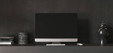 Gri ev içi ofis, ahşap karanlık masa, bilgisayar ekranı ve az modern oturma odası arka planında dekor kitabı. Boş işyeri maketi. 3D görüntüleme. Yüksek kalite 3d illüstrasyon.