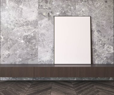 Japandi boho gri taş iç koridoru koyu ahşap klozet ve bir çerçeve arka planı. Mermerli, modern Avustralya oturma odası. 3D görüntüleme modeli. Yüksek kalite 3d illüstrasyon.