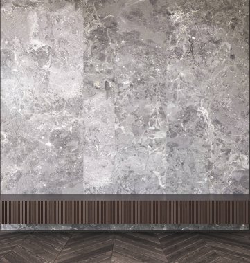 Japandi boho gri taş iç koridor koyu ahşap klozet arka planı. Mermerli, modern Avustralya oturma odası. 3D görüntüleme modeli. Yüksek kalite 3d illüstrasyon.
