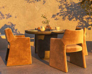 Modern taş yemek masası ve turuncu sandalyeli açık bej İskandinav balkonu. Güzel doğa günbatımı dağları arka planı gösterir. 3D görüntüleme. Yüksek kalite 3d illüstrasyon.