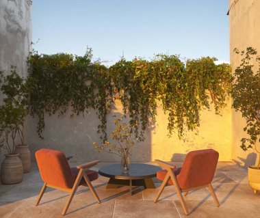 Doğal taş duvar, güneş, masa ve turuncu sandalyeli açık bej renkli skandi balkonu. Yeşil bitkilerle gün batımının güzel manzarası. 3D görüntüleme. Yüksek kalite 3d illüstrasyon.