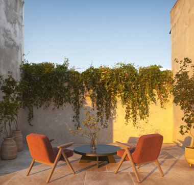 Doğal taş duvarlı, masa ve turuncu sandalyeli açık bej renkli Scandi balkonu. Yeşil bitkilerle gün batımının güzel manzarası. 3D görüntüleme. Yüksek kalite 3d illüstrasyon.