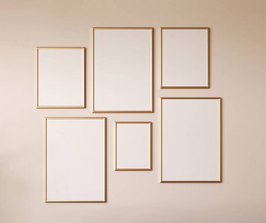 Boş duvarda altın çerçeveli modern klasik bej set resmi. Hafif doğa skandalı iç panoramik arka plan. 3D görüntüleme modeli. Yüksek kalite 3d illüstrasyon.